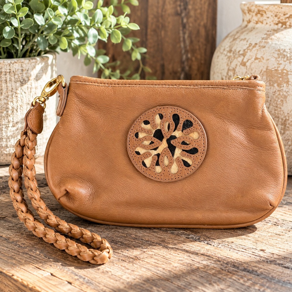 Audrey Brooke Leather Wristlet Clutch Tan Leopard Calf Hair Medallion Boho Bag